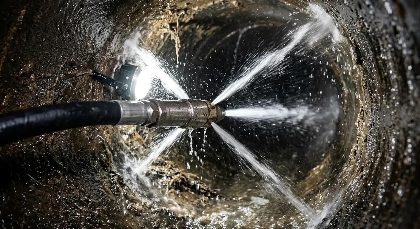 High-pressure hydro jetting nozzle cleaning sewer pipe for Sewer Cleanout in Warren